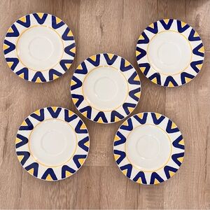Rare 5 PCs Italian Mid-Century‎ Blue Yellow Geometric Saucers By Lillian Vernon